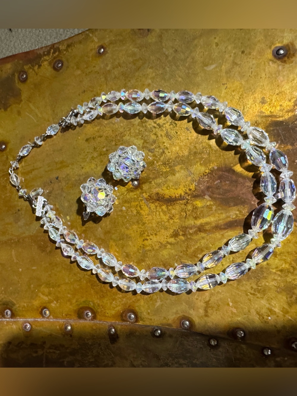 Vintage Coro AB Crystal Cluster Clip Earrings & 2-Strand Necklace